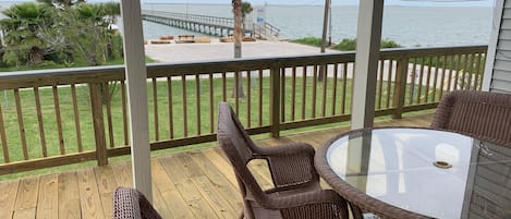 Great seating area outside. Views of the bay and a wonderful sunset.