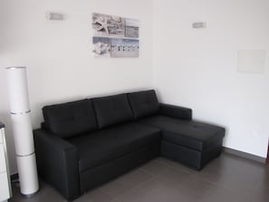 Living room with leather sofa
