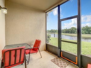 Screened patio with water view