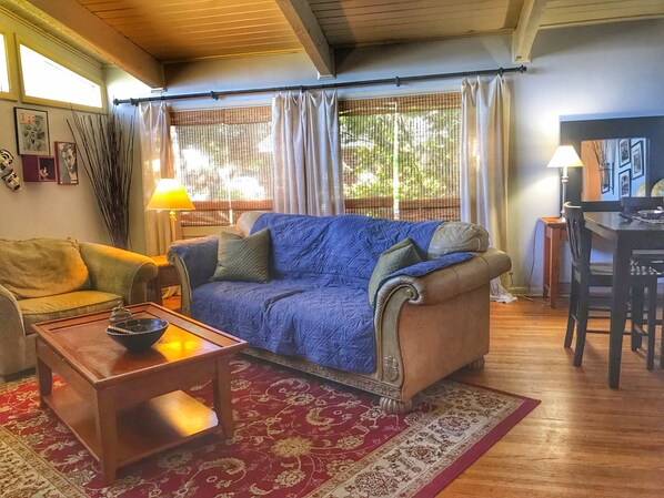 Large living area with high ceilings and lots of light. 