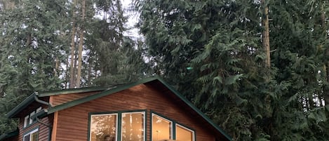 Cabin with front deck and forest from the driveway