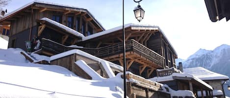 le chalet chamois sous la neige, tout accessible à pied, ski et commerces