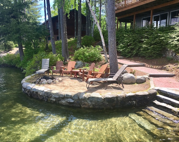 Perched beach w/fire pit; steps to clear water with sandy bottom - from dock.