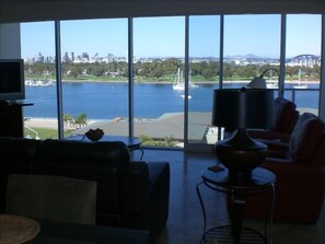 View of bay, city and bridge from across dining room