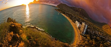 Sunset from Lahilahi, with the condo on the beach below