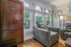 These beautiful yellow leaded glass windows really add to the character of this place!