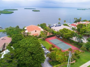 Overview of condo, bay, and pickleball court.