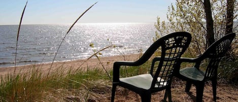 Sunny spot for morning coffee on the dune, overlooking the lake