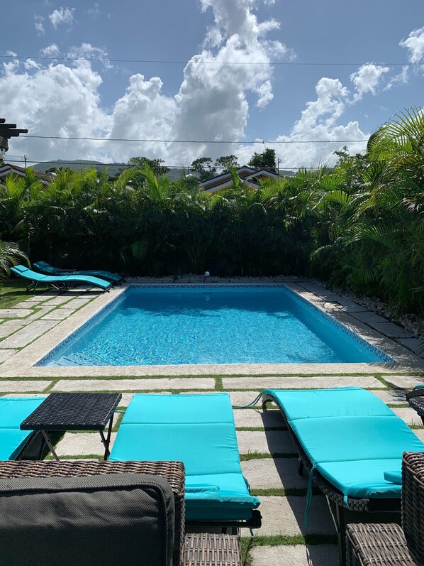 Private pool nestled by a perimeter fence of palm trees, ample furnishing, bbq