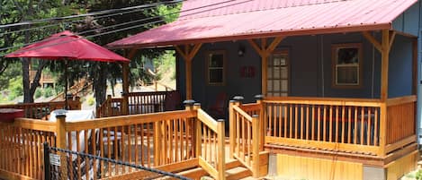 Right Hand side of cottage, Gated deck, and Chain Link fenced area for pets.