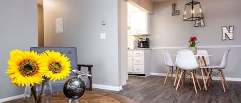 Main living area with view of dining room and kitchen