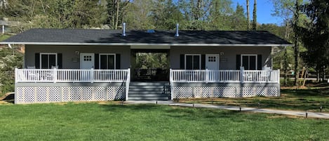 Front view of our two, extended-stay cottages with shared breezeway.