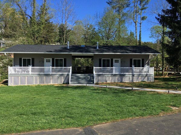 Front view of our two, extended-stay cottages with shared breezeway.