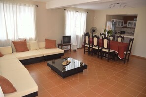 Living and dining room recently renovated and decorated in earthy tones 