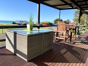 Front deck overlooking the bay, recreation reserve and jetty