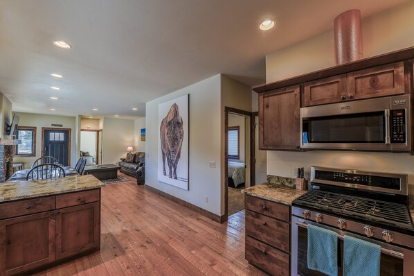 View from kitchen into the dining/living area.