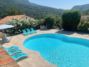 Large pool with stunning mountain view ideal for family with kids. Soft stairs.