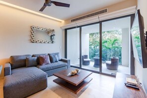 The living room area and balcony