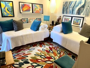 Twin beds, plenty of room for kids, to watch TV, do art or play.