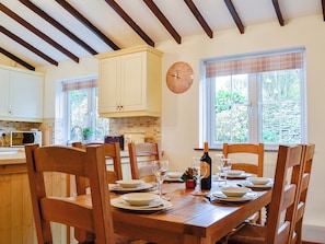 Beamed dining area | Penny Croft - The Crofters Cottages, Llangeinor, near Bridgend