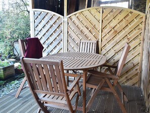 Decked area with garden furniture | Meadowbank Lodge, Staveley, near Kendal