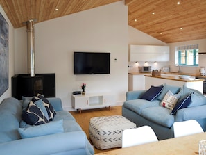 Open plan living space with beams and wooden floor | Eagle Owl Lodge, St Columb Major, near Padstow