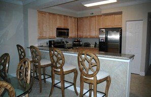 The extra wide counter top is one of a kind.This is a great place for breakfast.