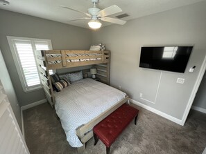 In the 3rd bedroom, new custom loft bed with Queen below and Twin XL above.