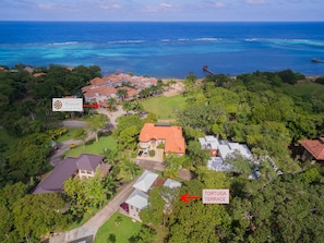 Aerial view showing the location of the home to beach and amenties of Lawson Rock.