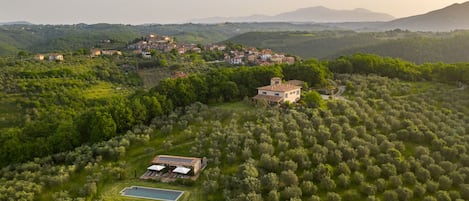 Aerial view of the house and pool set in its estate of 1500 olive trees