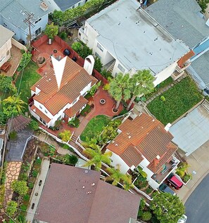 Drone photo showing location.  Parking is where red car is 