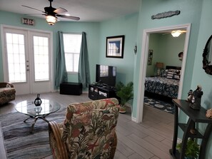 View into king room from living room