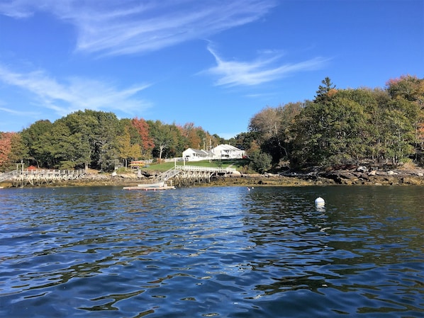 The property in early fall from the water of Linekin Bay