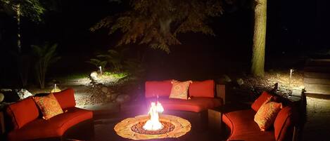 Fire Table and Comfy Seating at Nighttime