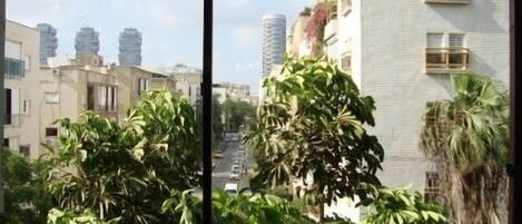 view from living room window onto an inner neighborhood street