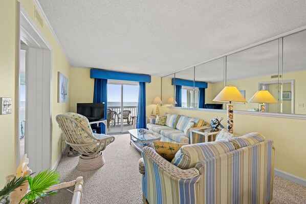 This ocean front living room provides a relaxing retreat after a day in the sun.