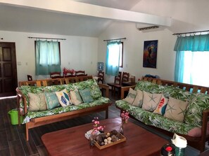 The living room and dining room