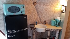 Retro fridge and microwave, custom built birch sink, coffee maker, kettle