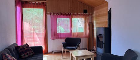 coin salon avec un poĂȘle Ă bois