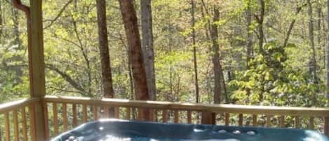 Your own private hot tub on the covered porch, screened by trees but just enough that you can still see the view..