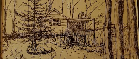 Pencil drawing of my cabin, a gift from an international guest