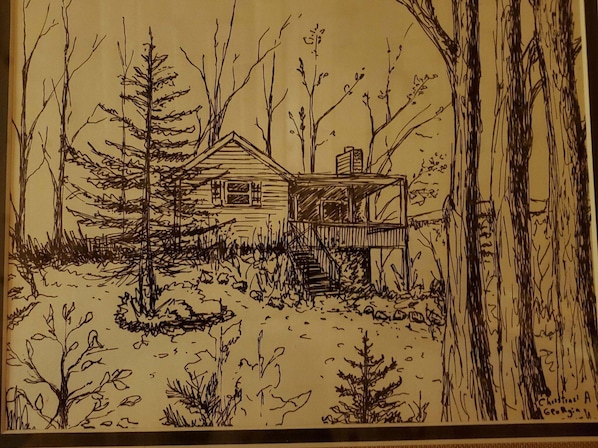 Pencil drawing of my cabin, a gift from an international guest