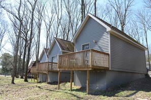 back view of the cabin overlooking the pond