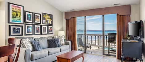 The unit offers a queen-size sleeper sofa, a balcony with a beach view, and a TV for your entertainment needs.