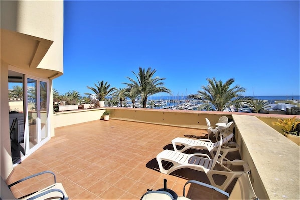 Large and sunny south facing terrace with views to the marina