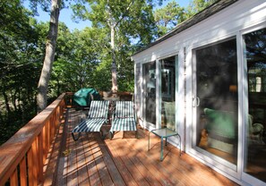 The quiet deck overlooks a woodland