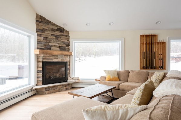 Family Room with Gas Fireplace, Tons of Natural Light
