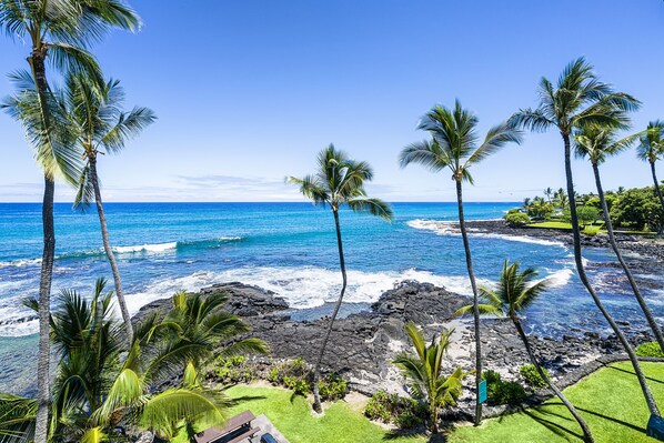 View from private balcony.  Sea turtles hang out most days in the two tide pools