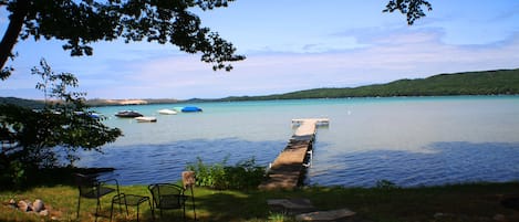 Blue water and view of the Sleeping Bear Dunes