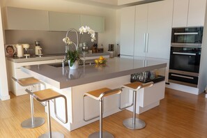 Open concept Living room - Poggenpohl island kitchen with Miele appliances